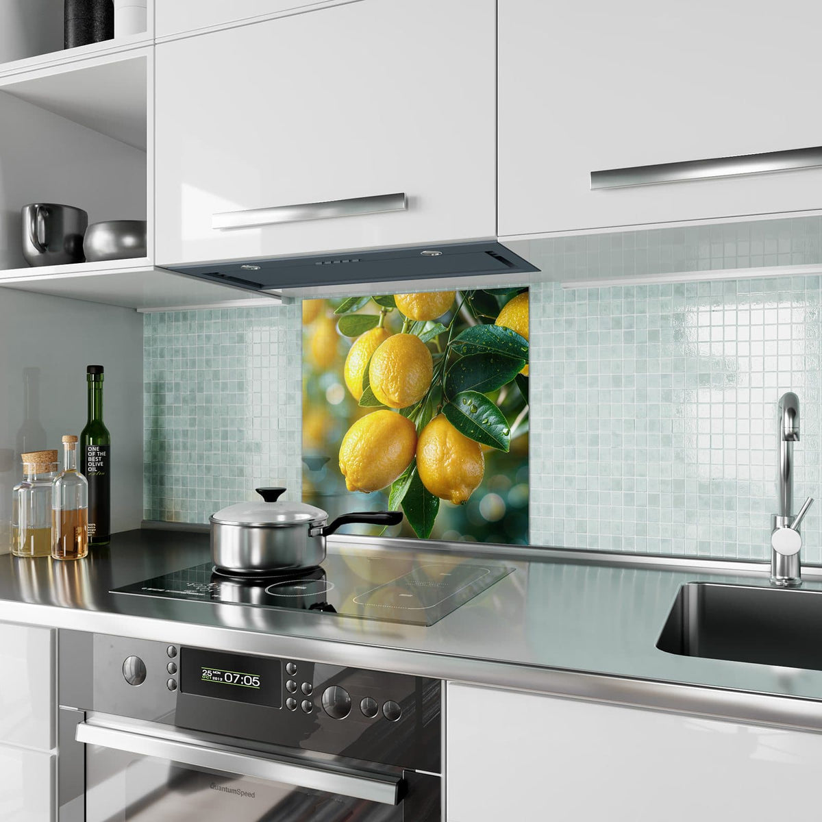 Küchenrückwand aus Glas Zitronen im Blattwerk im quadratischen Format als Spritzschutz hinter dem Kochfeld, über dem Fliesenspiegel montiert