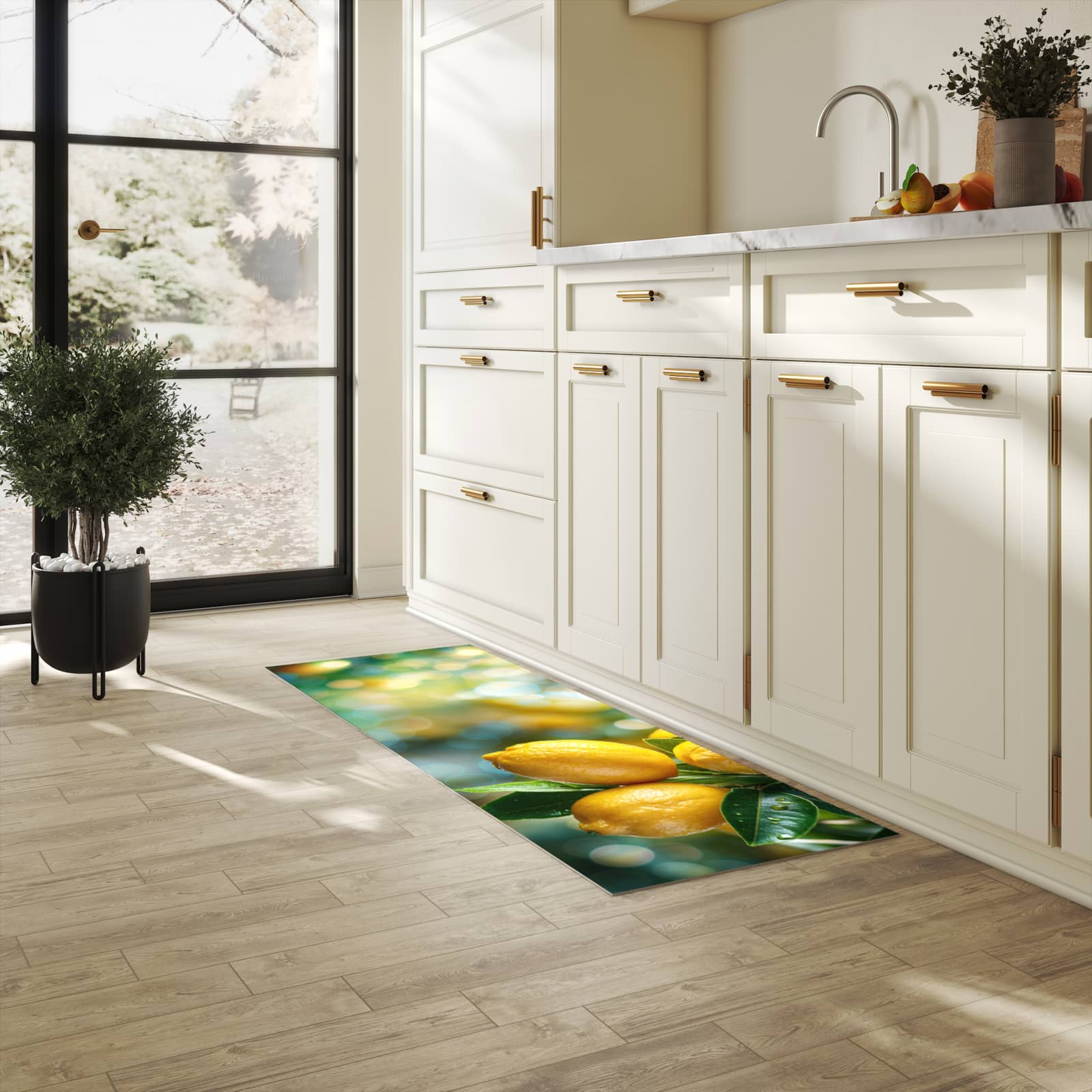 Waschbarer Küchenteppich mit Motiv Zitronenbaumstrauch für Trittkomfort in heller Küche