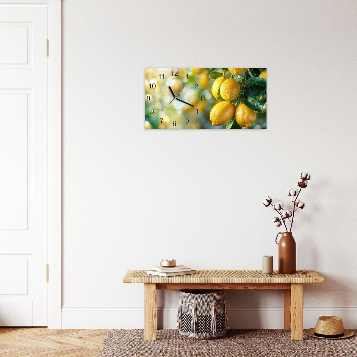 Moderne Wanduhr aus Glas mit Farbtiefe – Wanduhr Zitronenbaumstrauch aus Glas – Querformat 60 × 30 cm