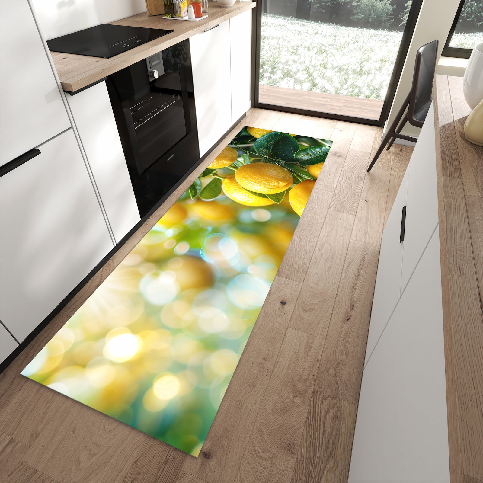 Bodenschonender Küchenläufer mit Motiv Zitronenbaumstrauch in moderner Küche