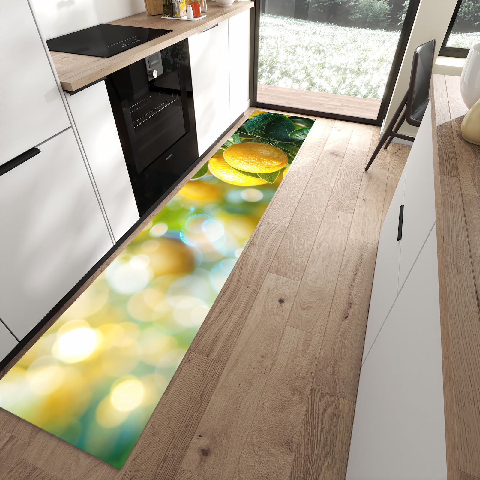 Feuchtigkeitsresistenter Küchenteppich mit Motiv Zitronenbaumstrauch in moderner Küche