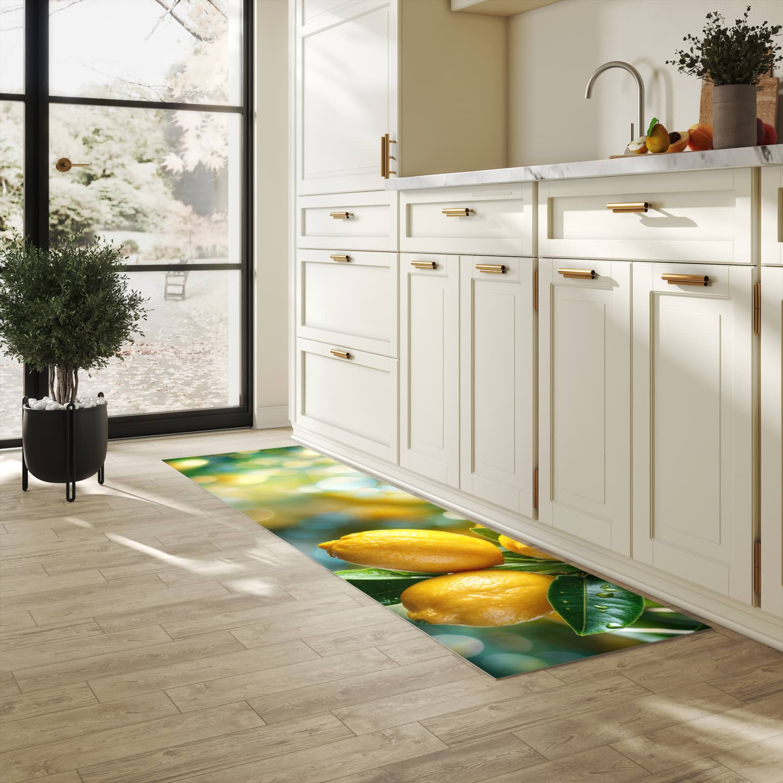 Wasserabweisender Küchenläufer mit Motiv Zitronenbaumstrauch in heller Küche