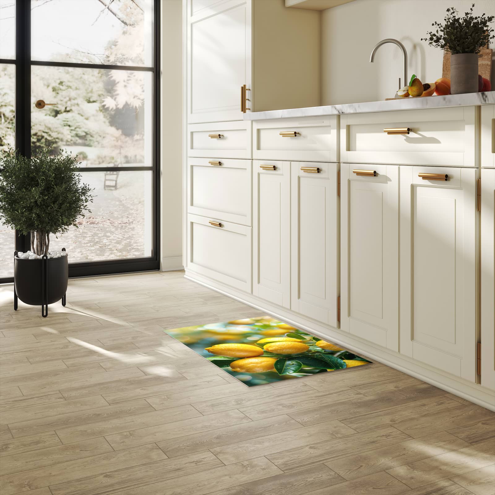 Geruchsneutraler rutschfester Küchenläufer mit Motiv Zitronenbaumstrauch in heller Küche