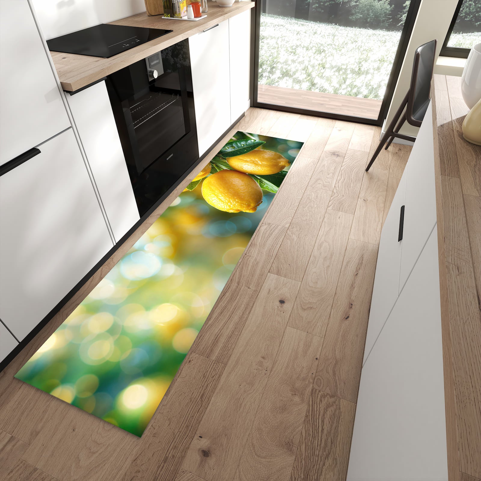 Langlebiger waschbarer Küchenteppich mit Motiv Zitronenbaumstrauch in moderner Küche