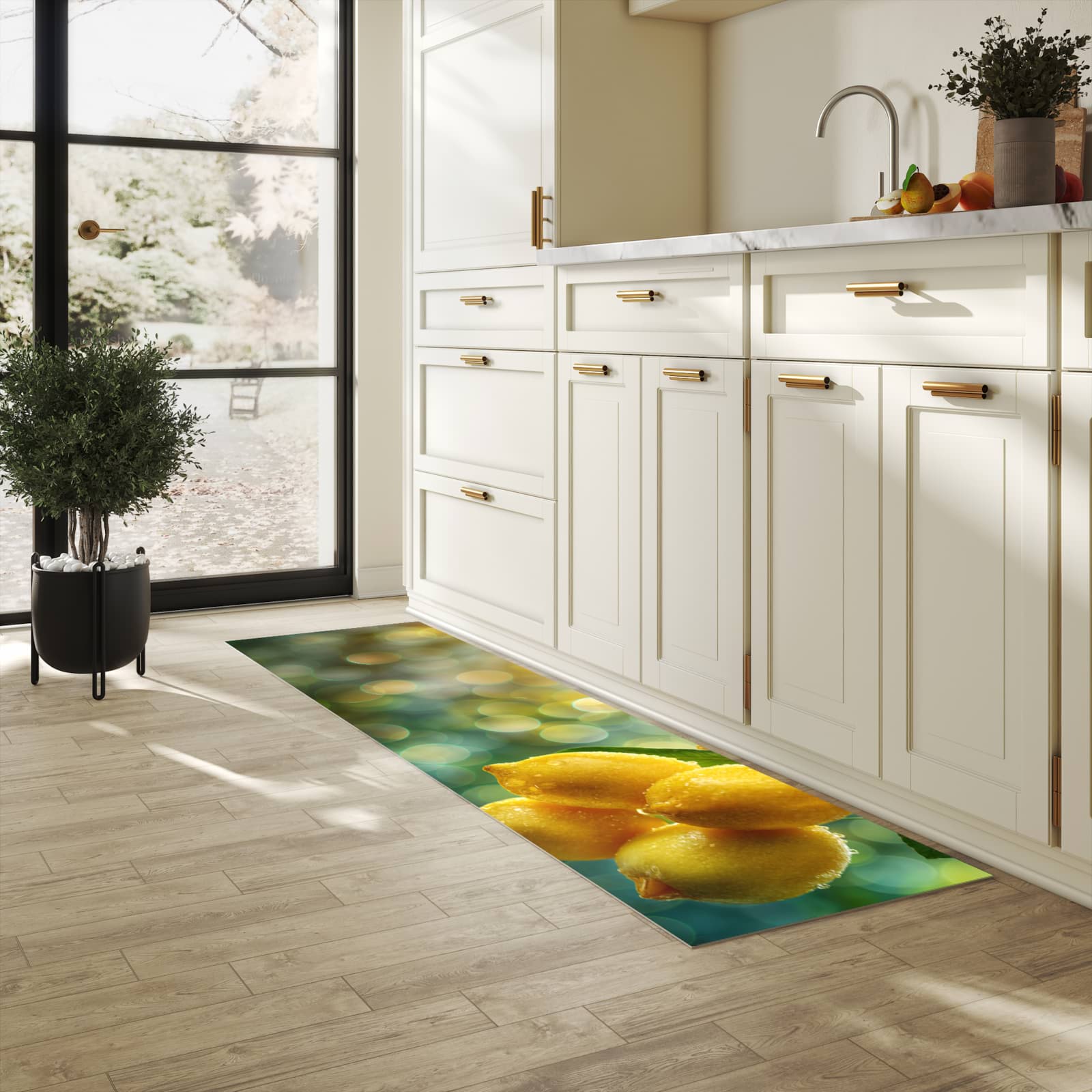 Rutschfester Küchenteppich mit Motiv Zitronenbaum in heller Küche