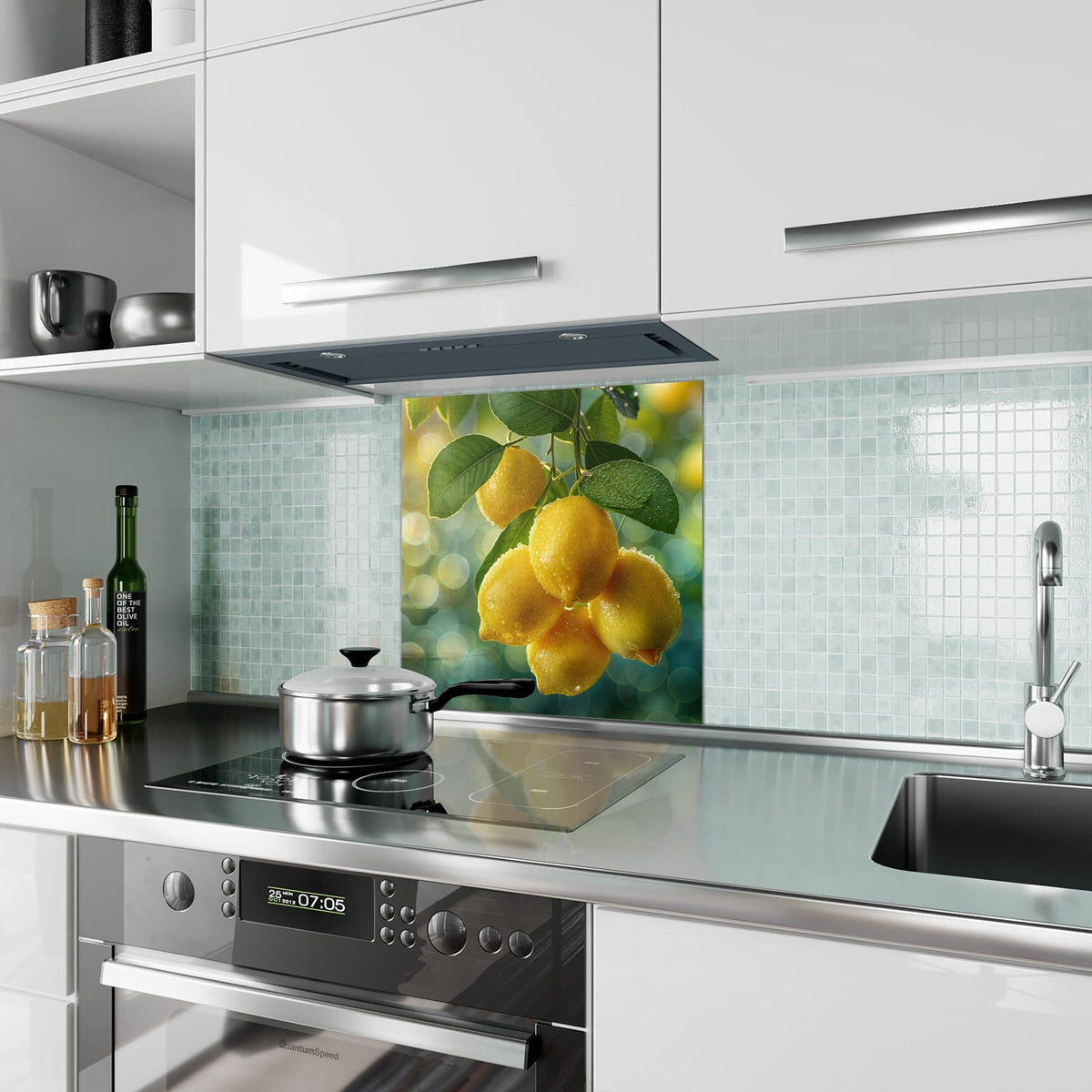 Küchenrückwand aus Glas Fünf Zitronen am Zweig im quadratischen Format als Spritzschutz hinter dem Kochfeld, über dem Fliesenspiegel montiert