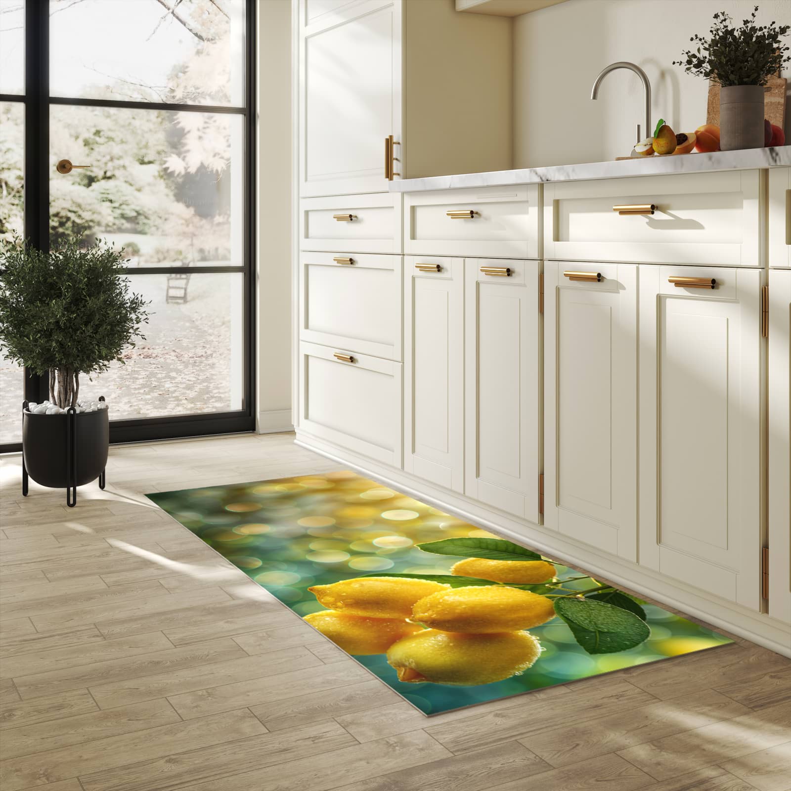 Bodenschonender waschbarer Küchenteppich mit Motiv Zitronenbaum in heller Küche