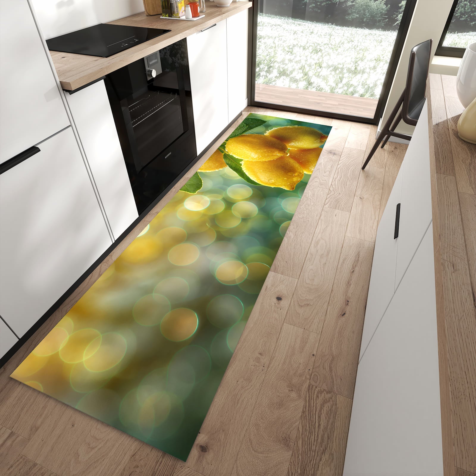 Flacher Küchenläufer mit Motiv Zitronenbaum in moderner Küche