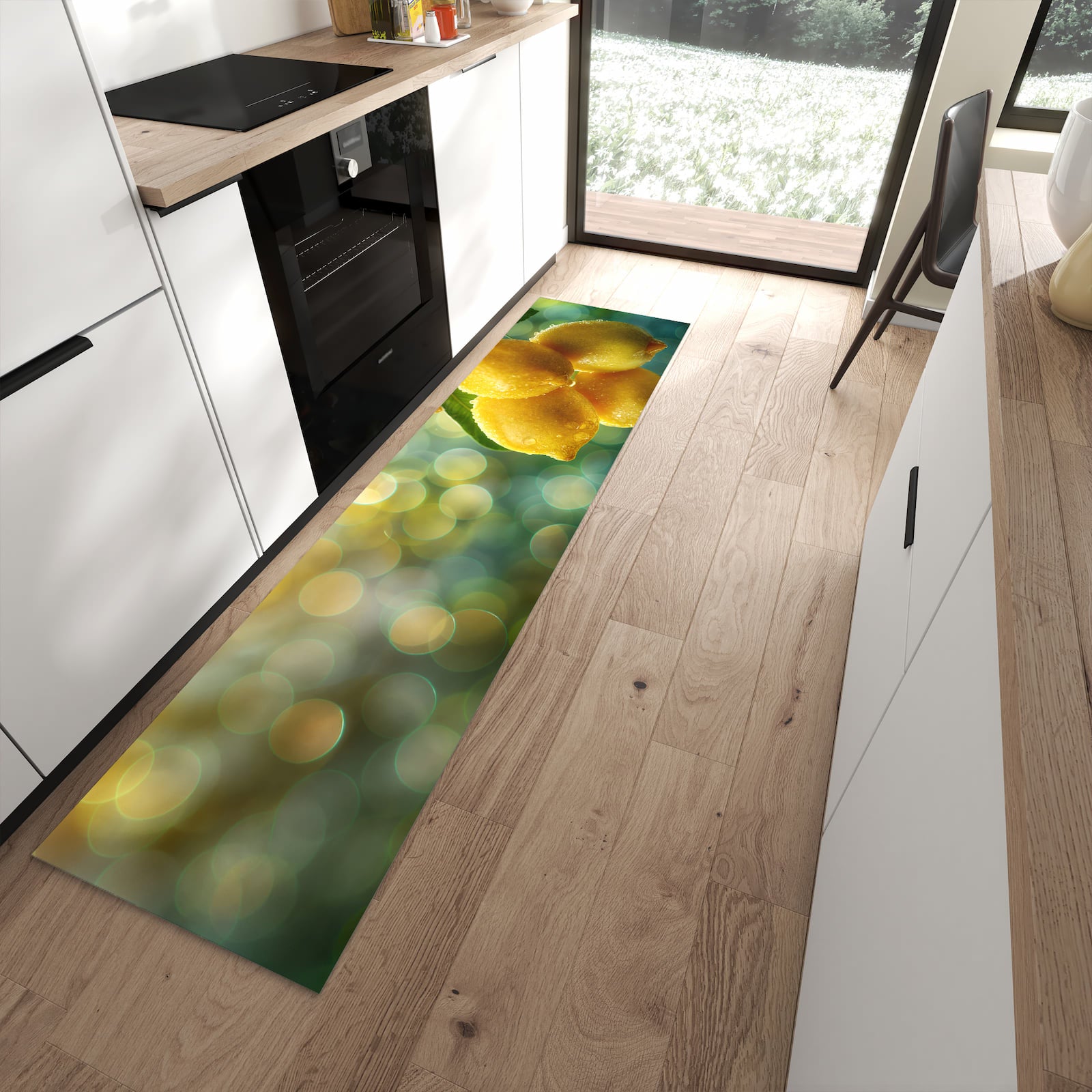 Komfortabler Küchenteppich mit Motiv Zitronenbaum in moderner Küche