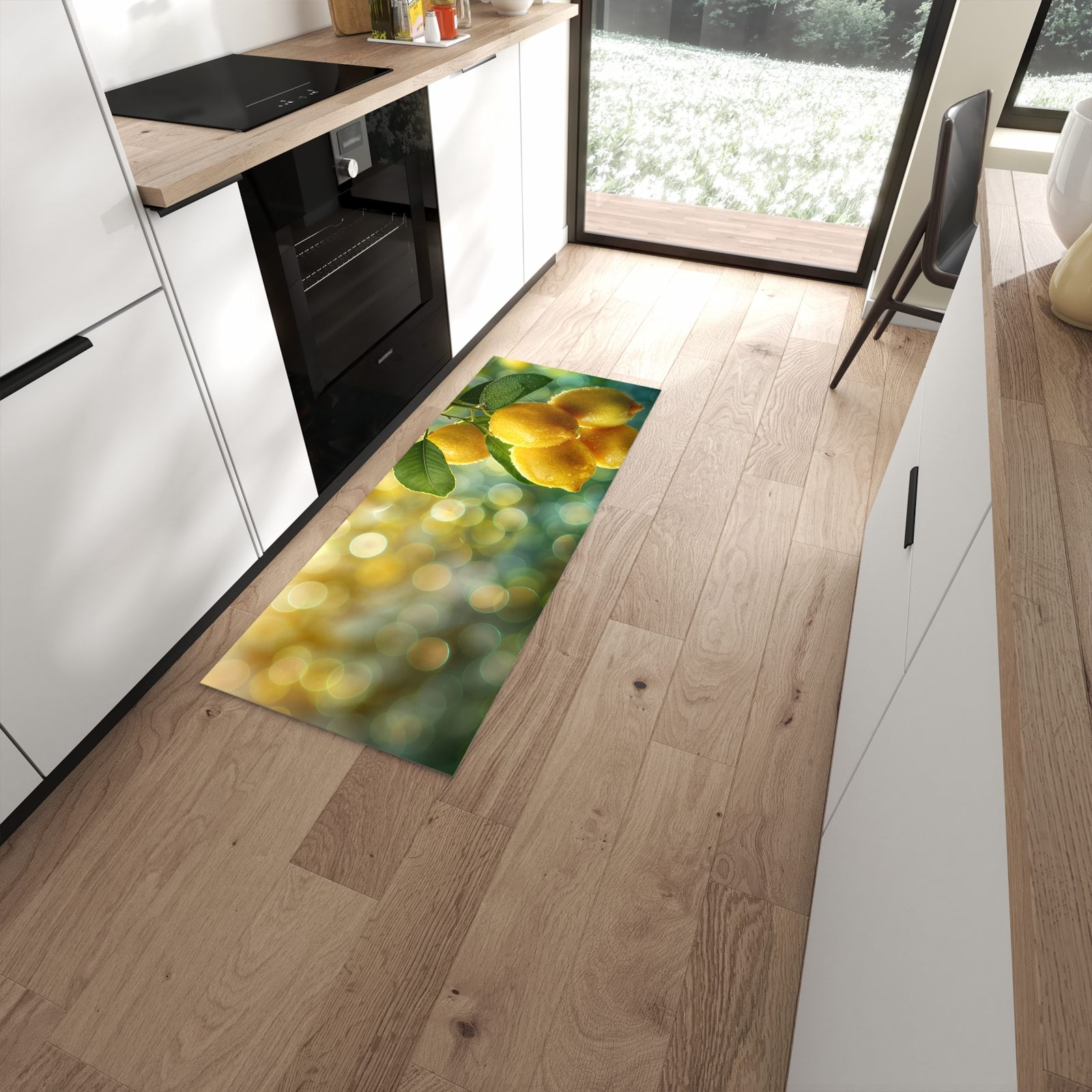Abriebfester Küchenteppich mit Motiv Zitronenbaum in moderner Küche #grösse_60 x 150 cm