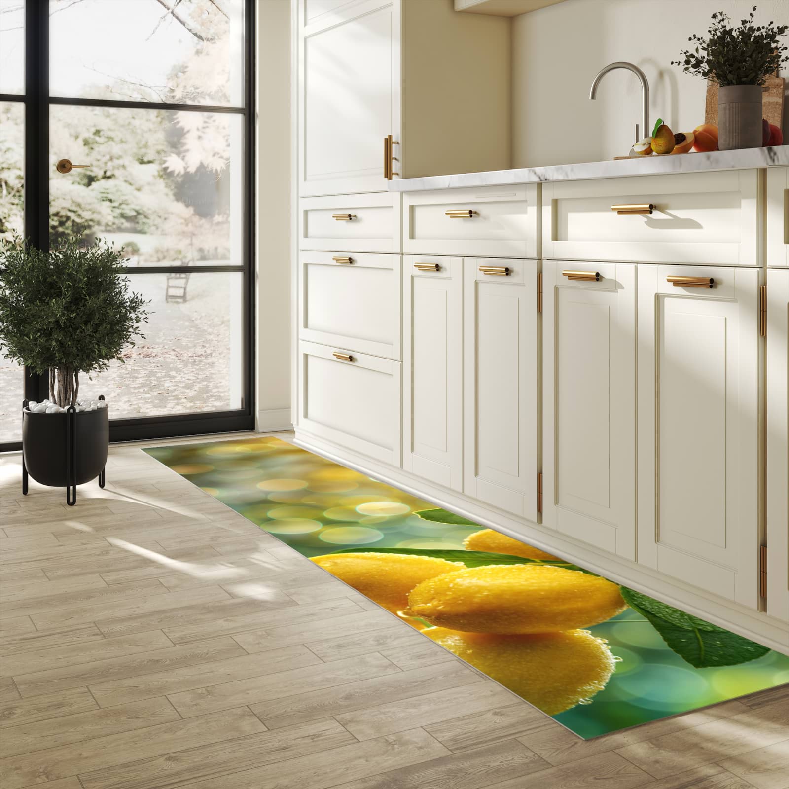 Bodenschonender Bodenläufer-Teppich mit Motiv Zitronenbaum in heller Küche