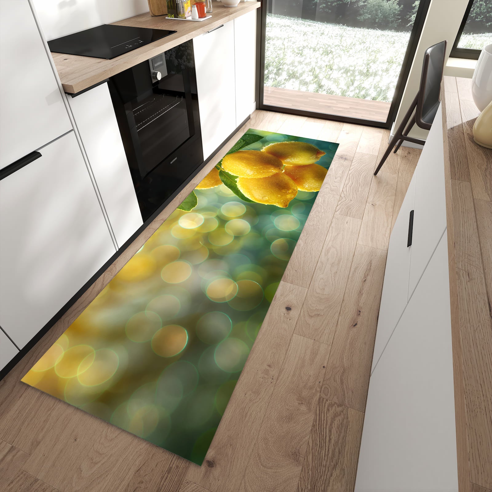 Langlebiger Küchenläufer mit Motiv Zitronenbaum in moderner Küche