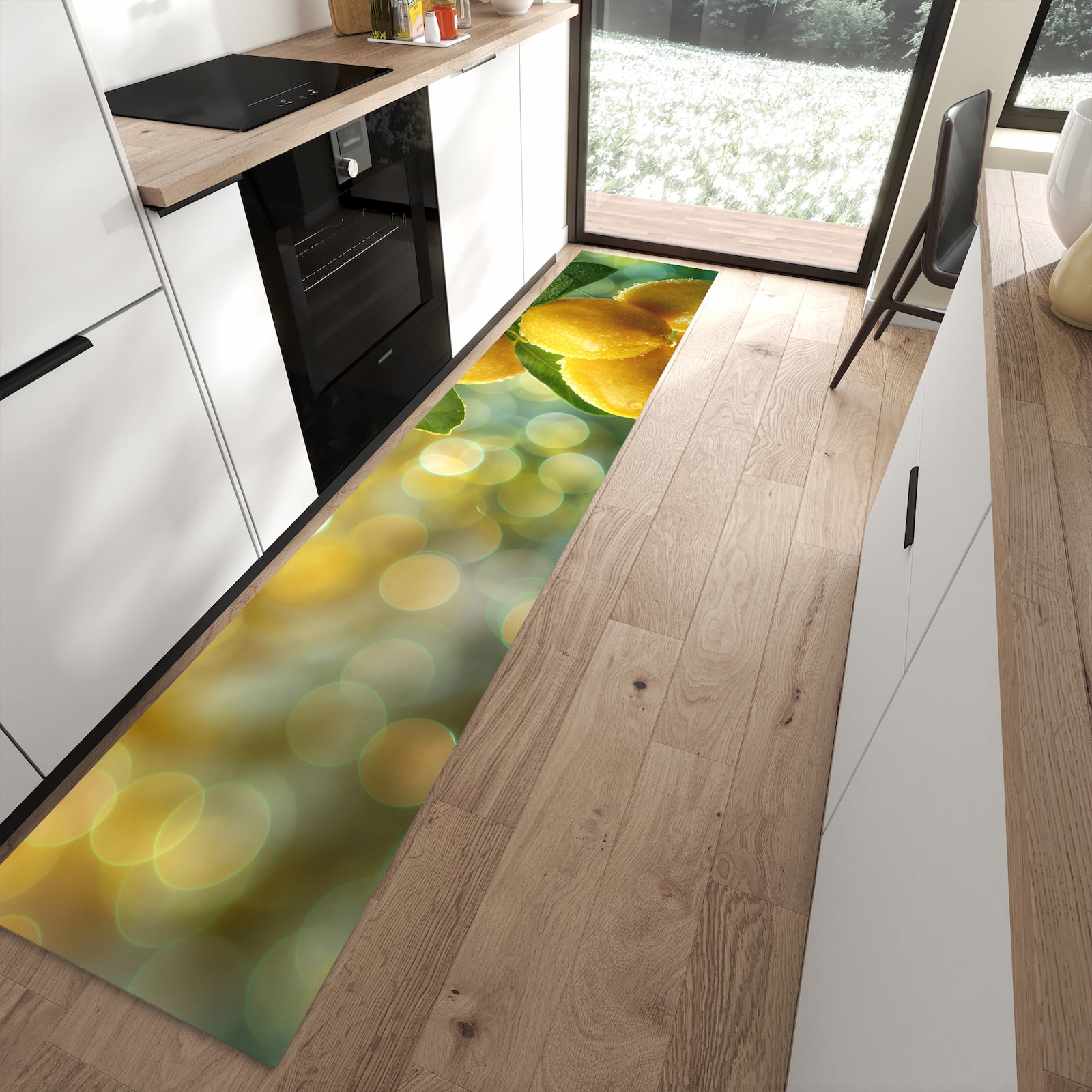 Fleckenresistenter Küchenteppich mit Motiv Zitronenbaum in moderner Küche