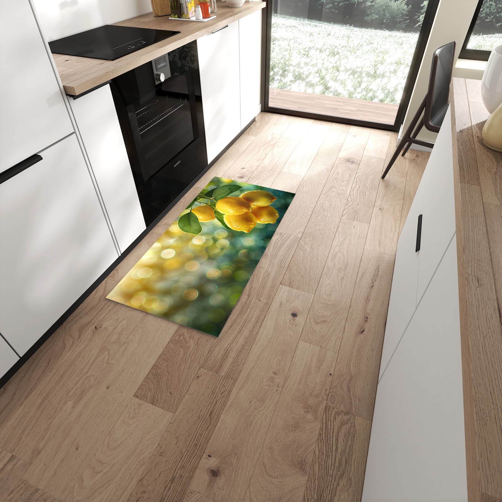 Geräuschdämpfender Küchenteppich mit Motiv Zitronenbaum in moderner Küche #grösse_60 x 120 cm