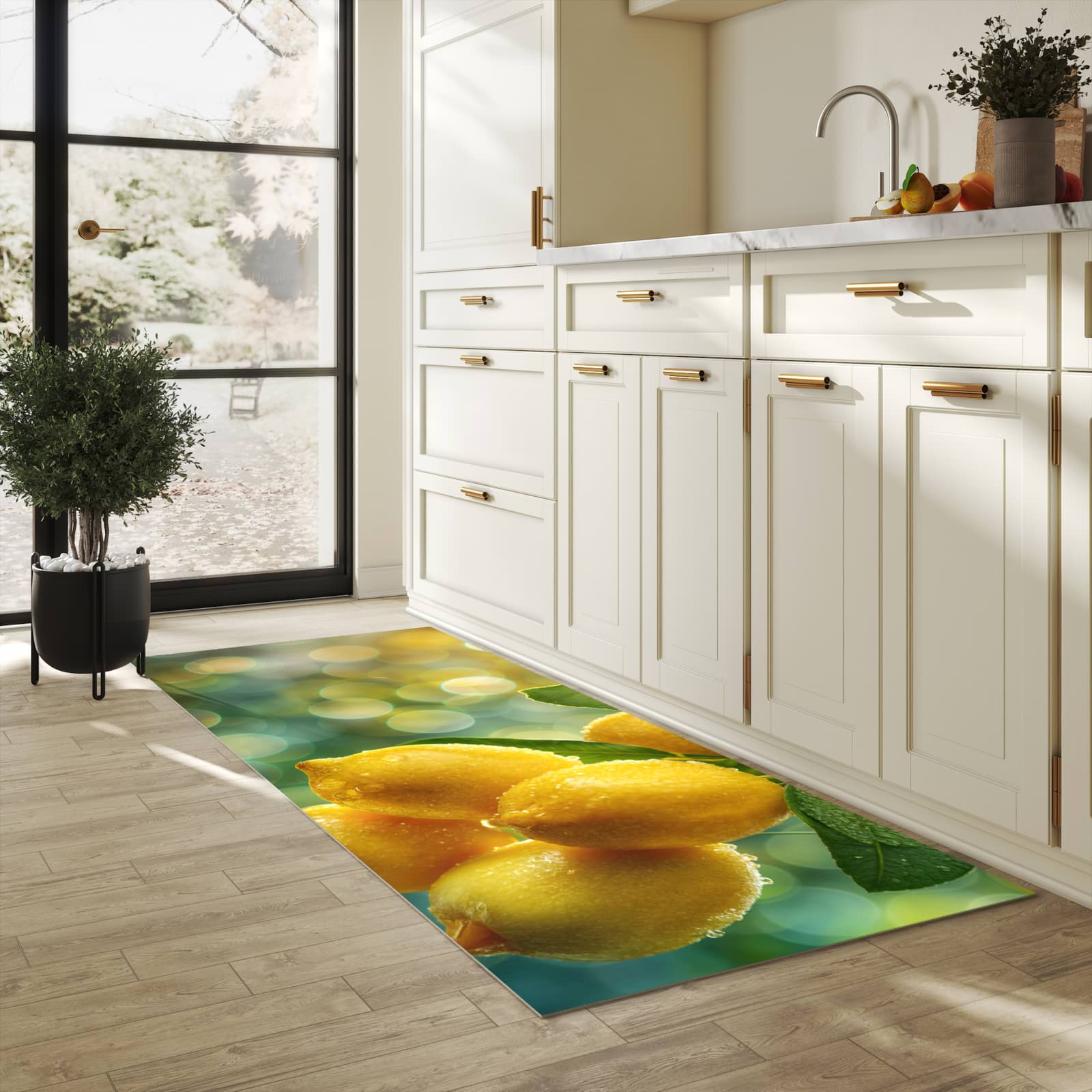 Geräuschdämpfender waschbarer Küchenteppich mit Motiv Zitronenbaum in heller Küche