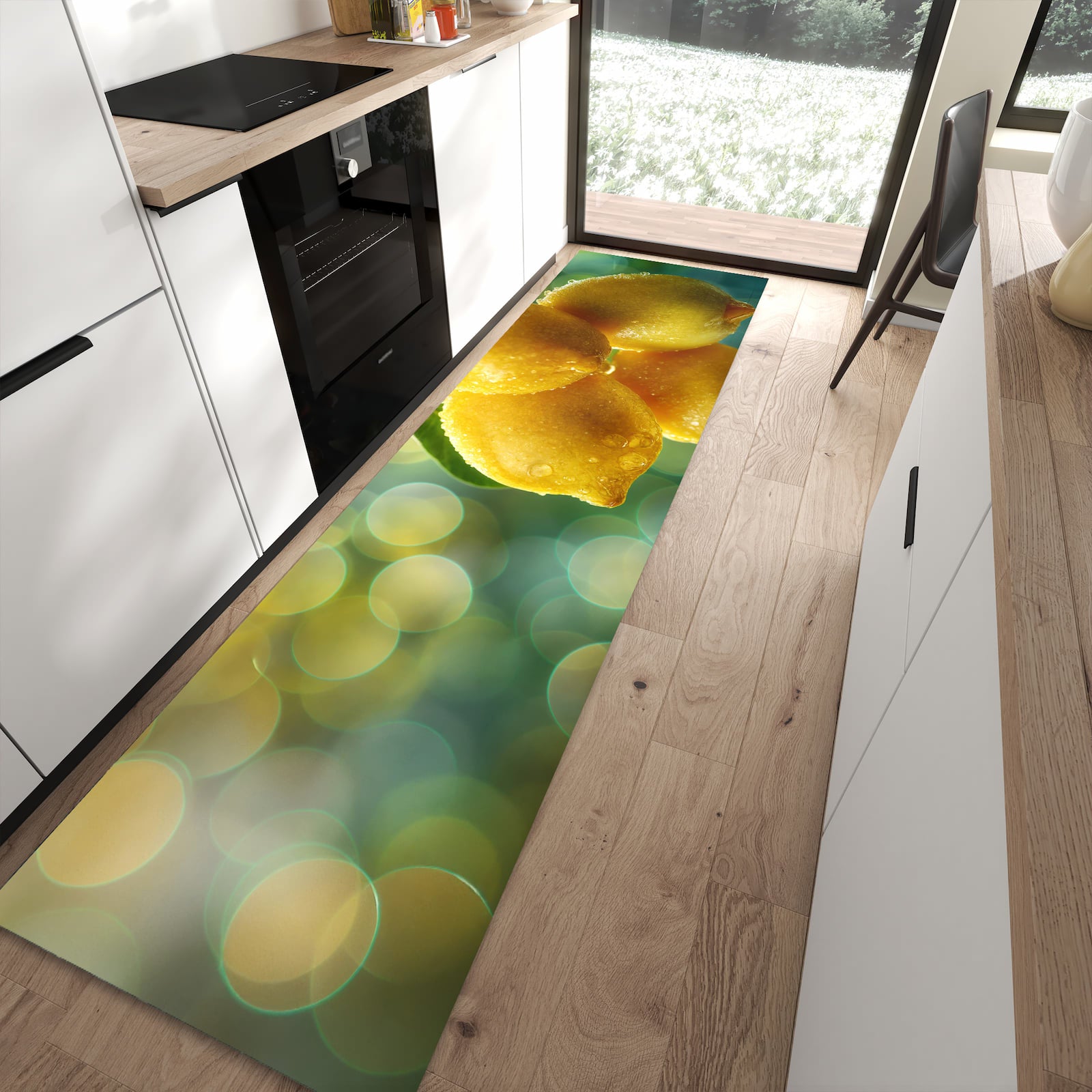 Rutschfester Küchenteppich mit Motiv Zitronenbaum in moderner Küche