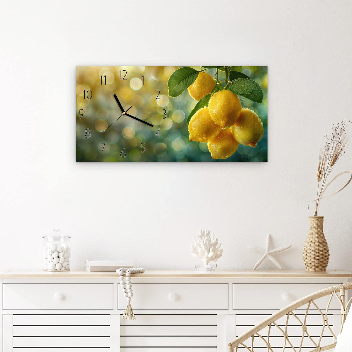 Wanduhr Zitronenbaum aus Glas – Querformat 60 × 30 cm – Betaute Zitronen am grünen Ast
