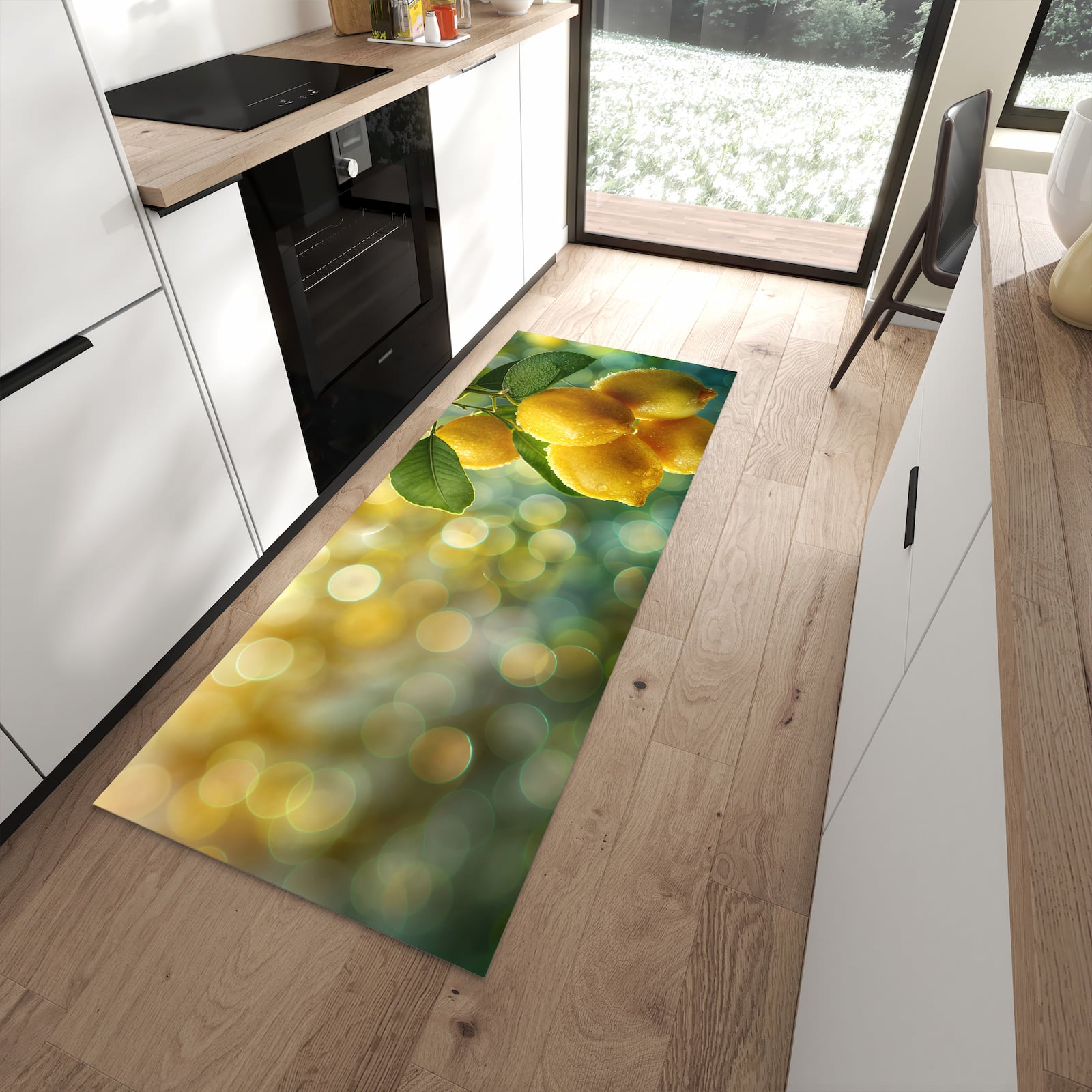 Geruchsneutraler Teppich in Küche mit Motiv Zitronenbaum in moderner Küche