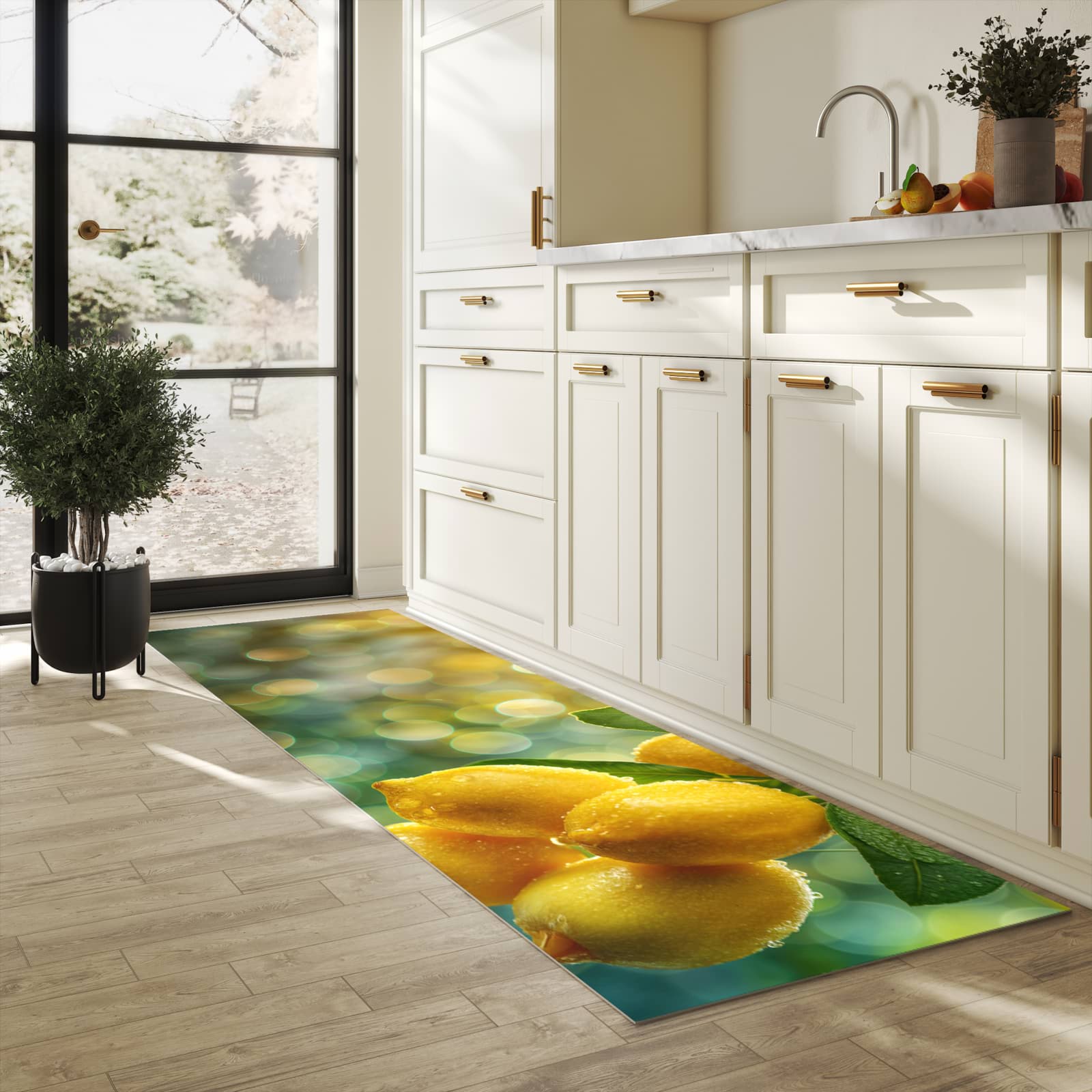 Formstabiler rutschfester Küchenteppich mit Motiv Zitronenbaum in heller Küche