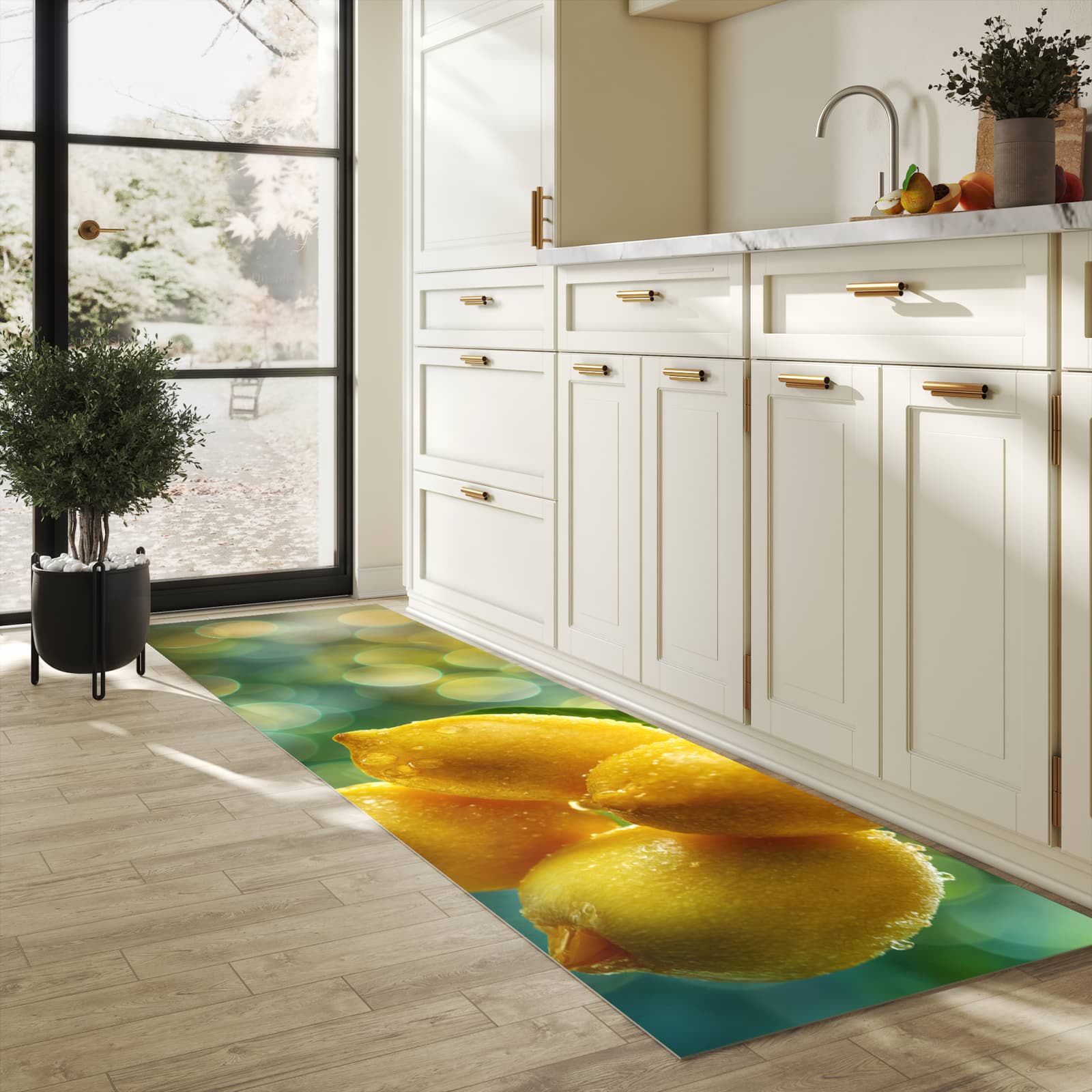 Küchenteppich mit Motiv Zitronenbaum in heller Küche für sicheres Aufbewahren