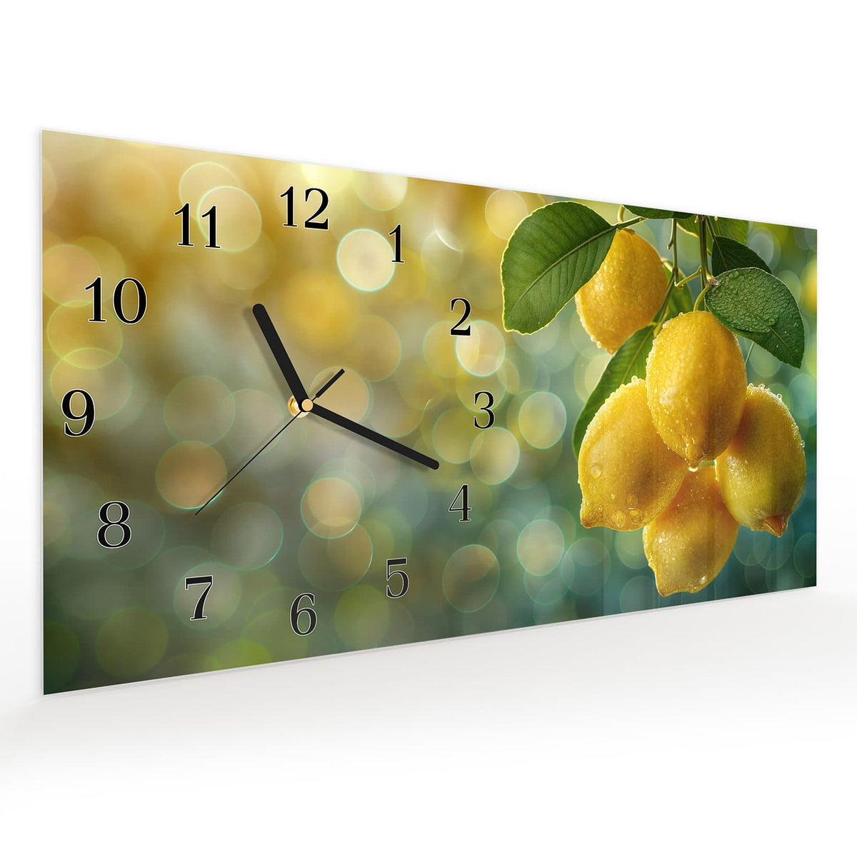 Vormontiert – mit Schwebeeffekt – Wanduhr Zitronenbaum aus Glas – Querformat 60 × 30 cm