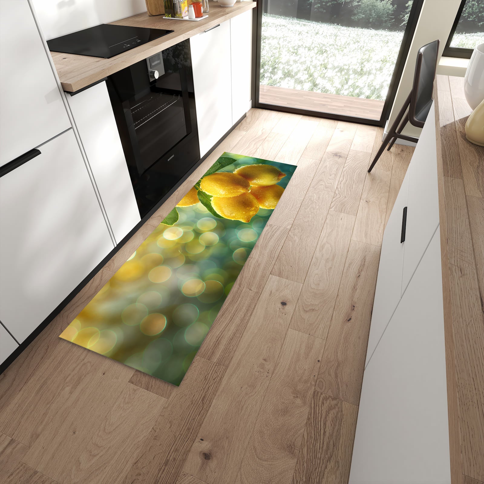 UV-beständiger Teppich für Küche mit Motiv Zitronenbaum in moderner Küche