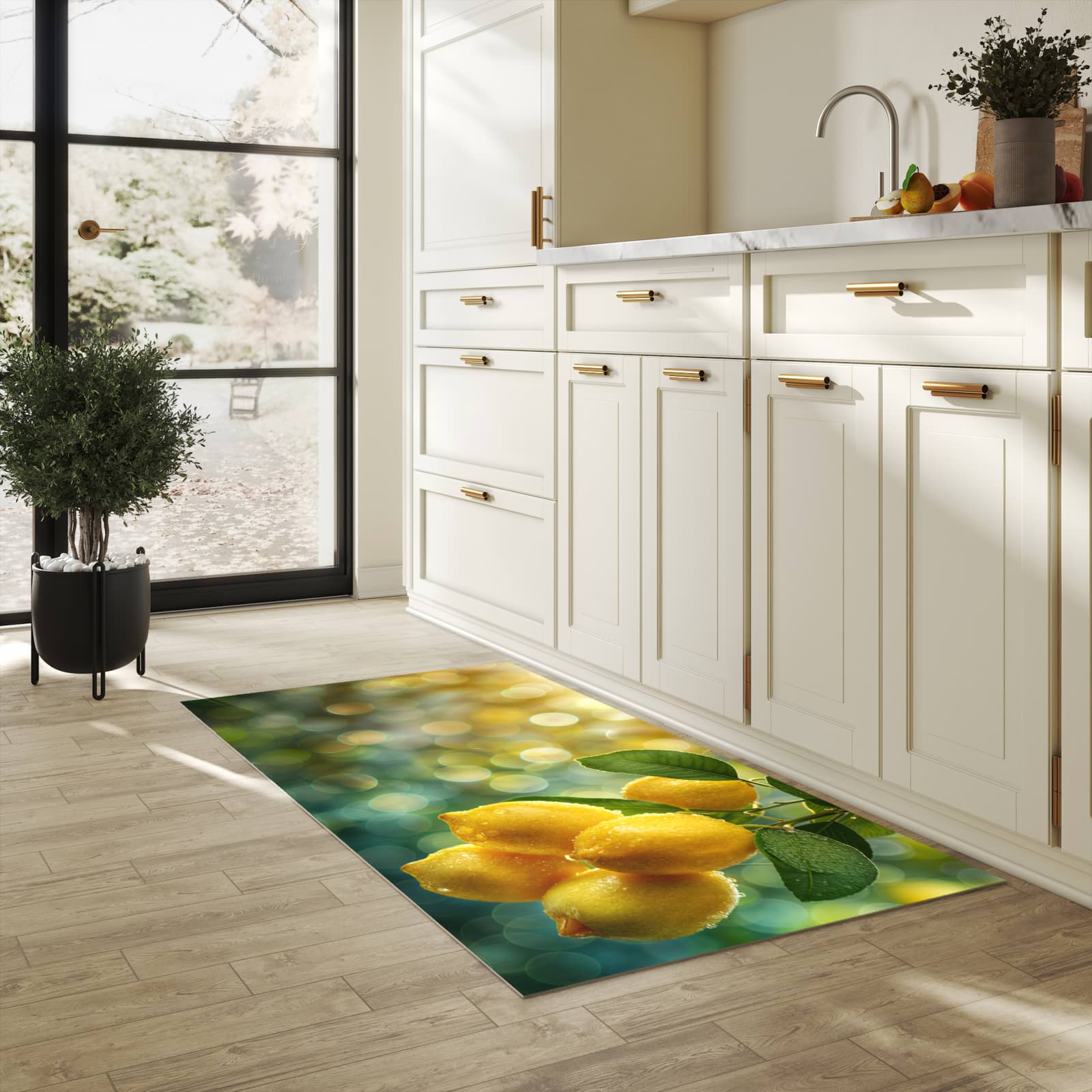 Zeitsparender Küchenteppich mit Motiv Zitronenbaum in heller Küche - leicht waschbar