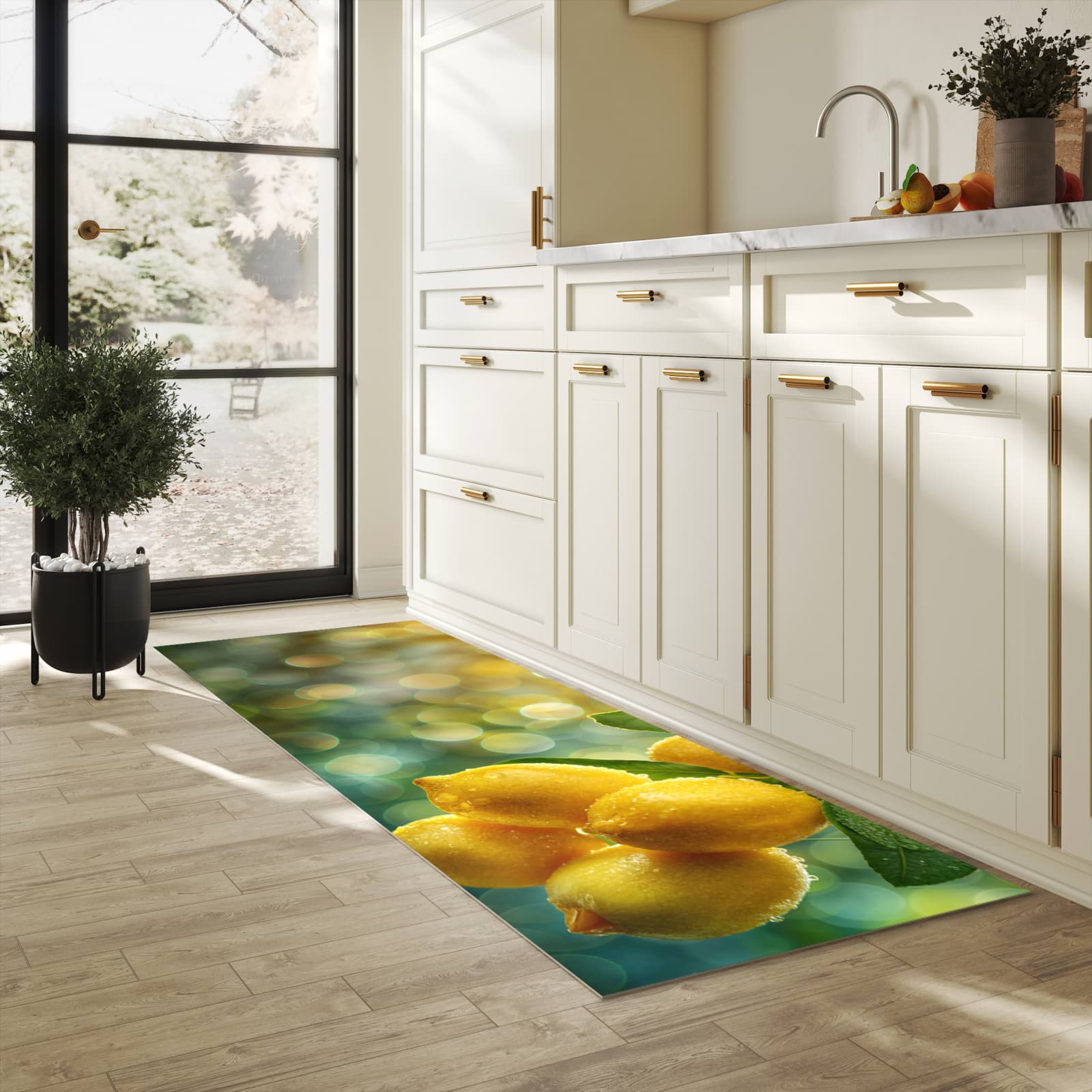 Farbbeständiger Küchenteppich mit Motiv Zitronenbaum in heller Küche