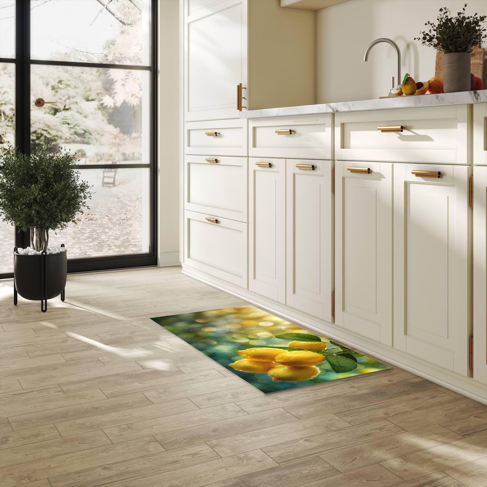 Strapazierfähiger dünner Küchenteppich mit Motiv Zitronenbaum in heller Küche