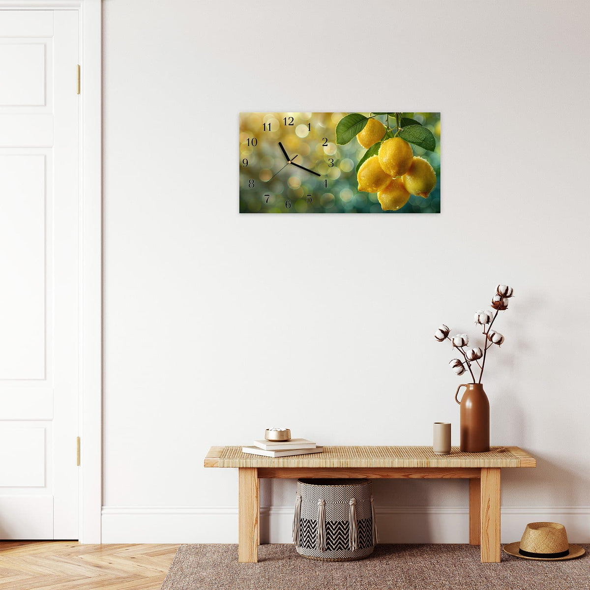 Moderne Wanduhr aus Glas mit Farbtiefe – Wanduhr Zitronenbaum aus Glas – Querformat 60 × 30 cm