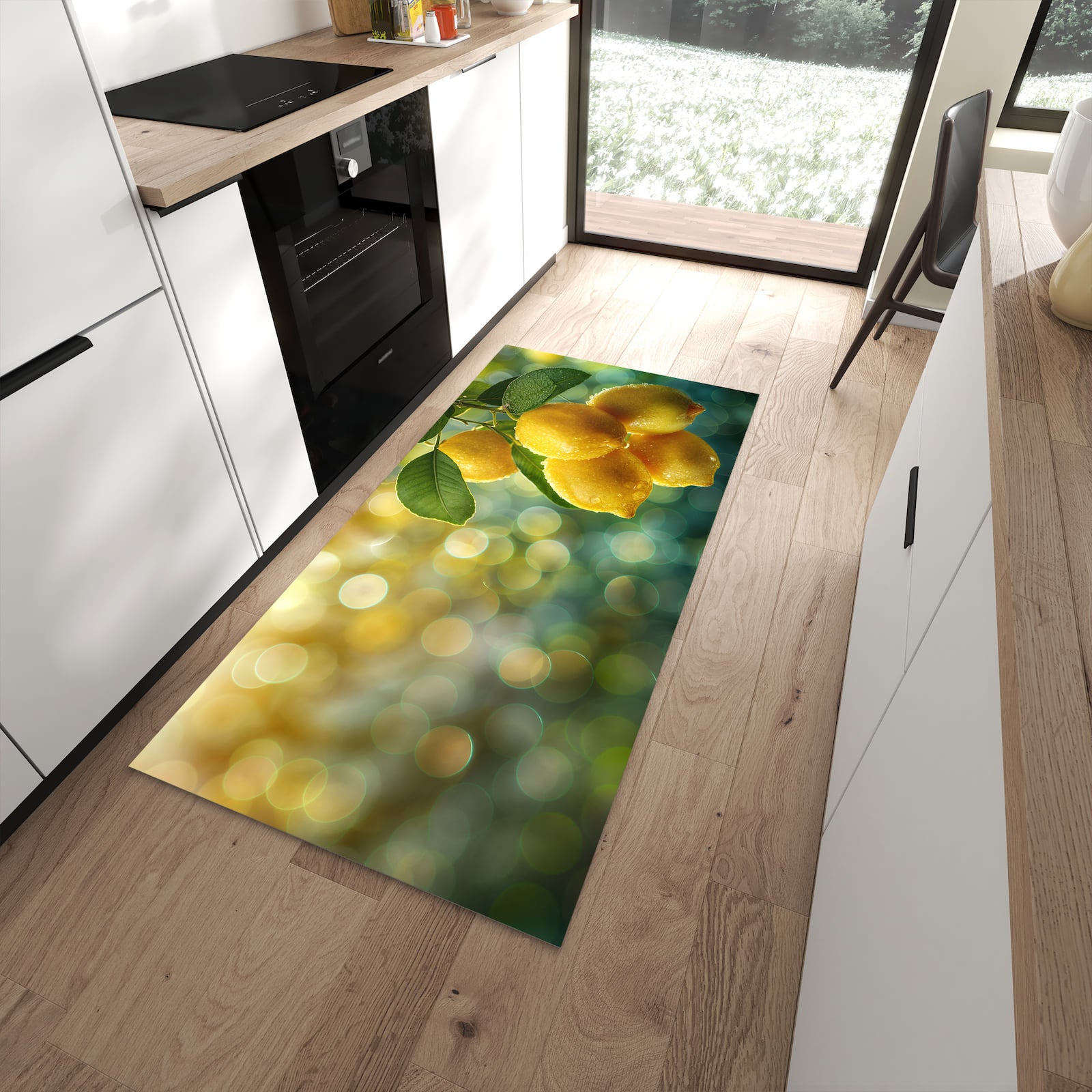 Waschbarer Küchenteppich mit Motiv Zitronenbaum in moderner Küche