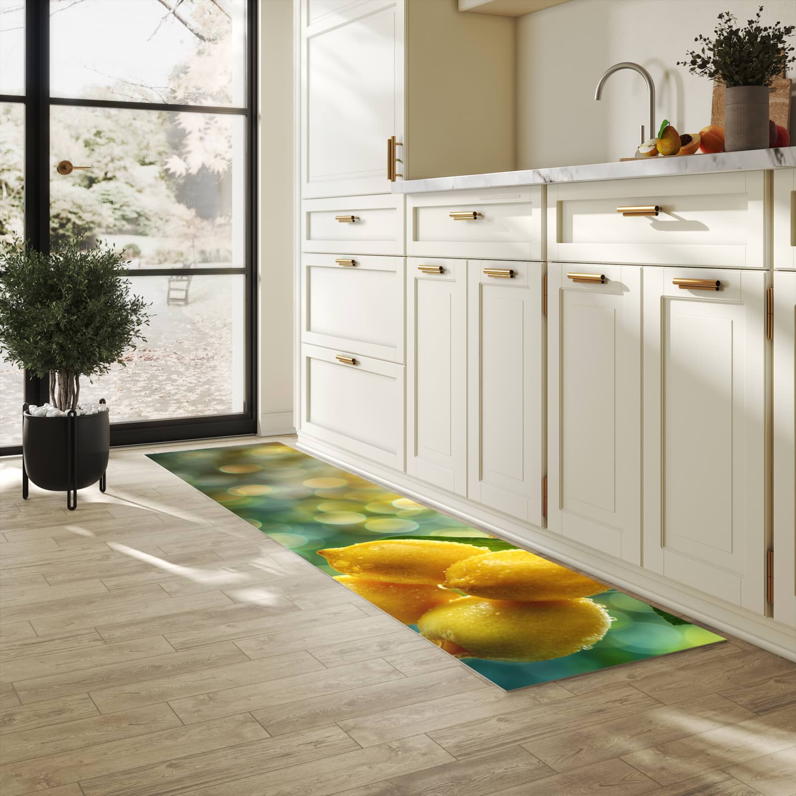 Feuchtigkeitsresistenter Bodenläufer mit Motiv Zitronenbaum in heller Küche
