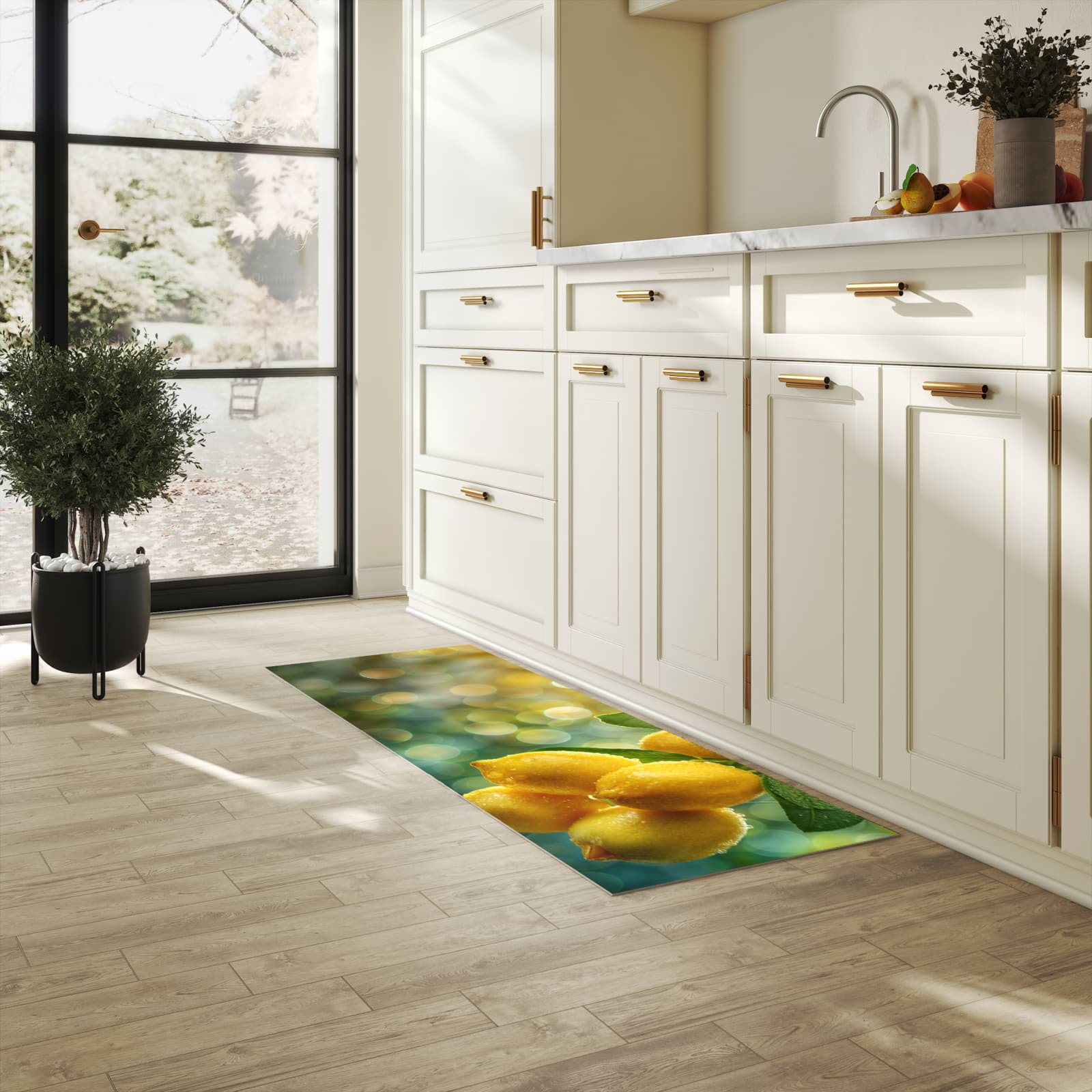 Langlebiger Teppich für Esstisch mit Motiv Zitronenbaum in heller Küche, waschbar