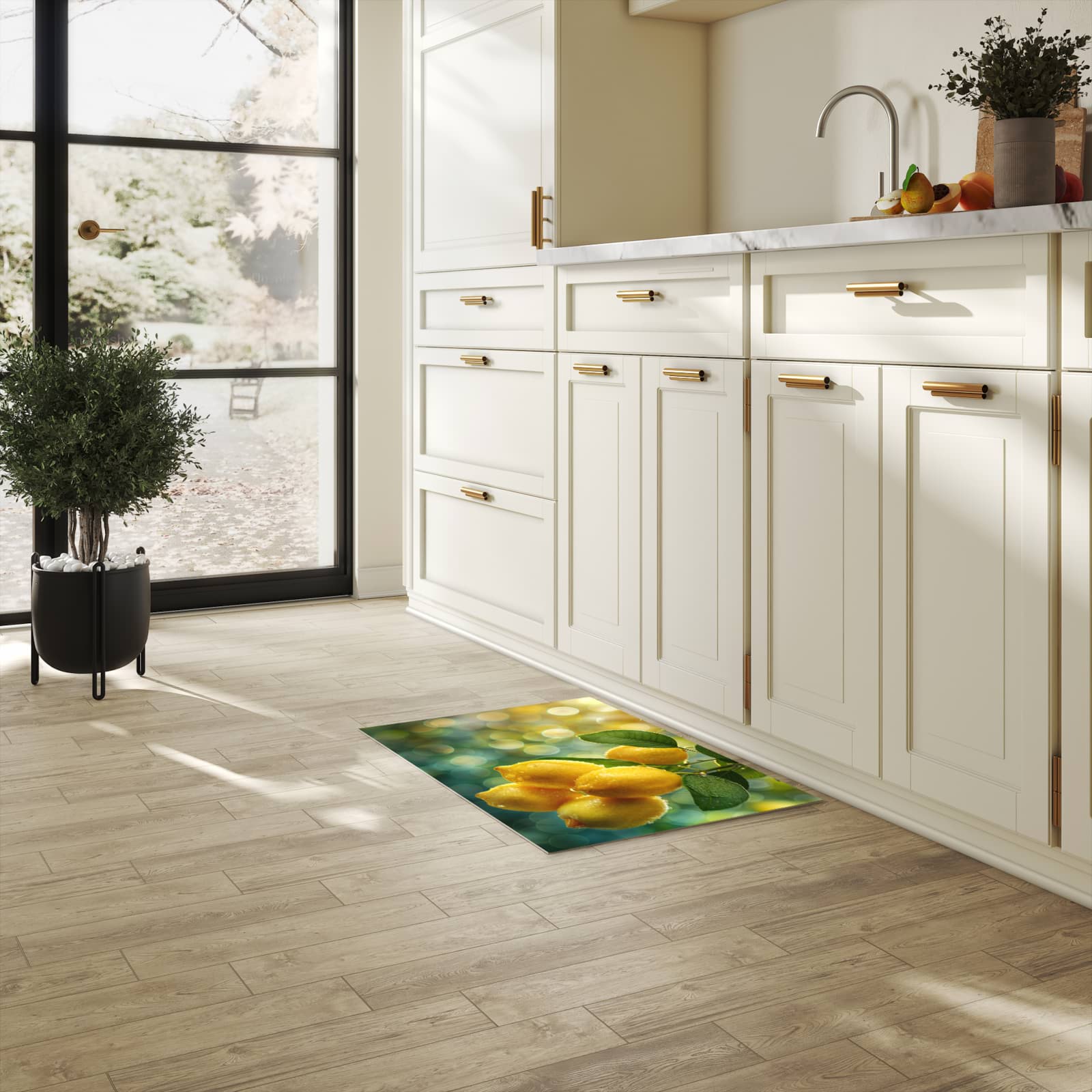 Küchenteppich mit Motiv Zitronenbaum für Ordnung & Übersicht in heller Küche