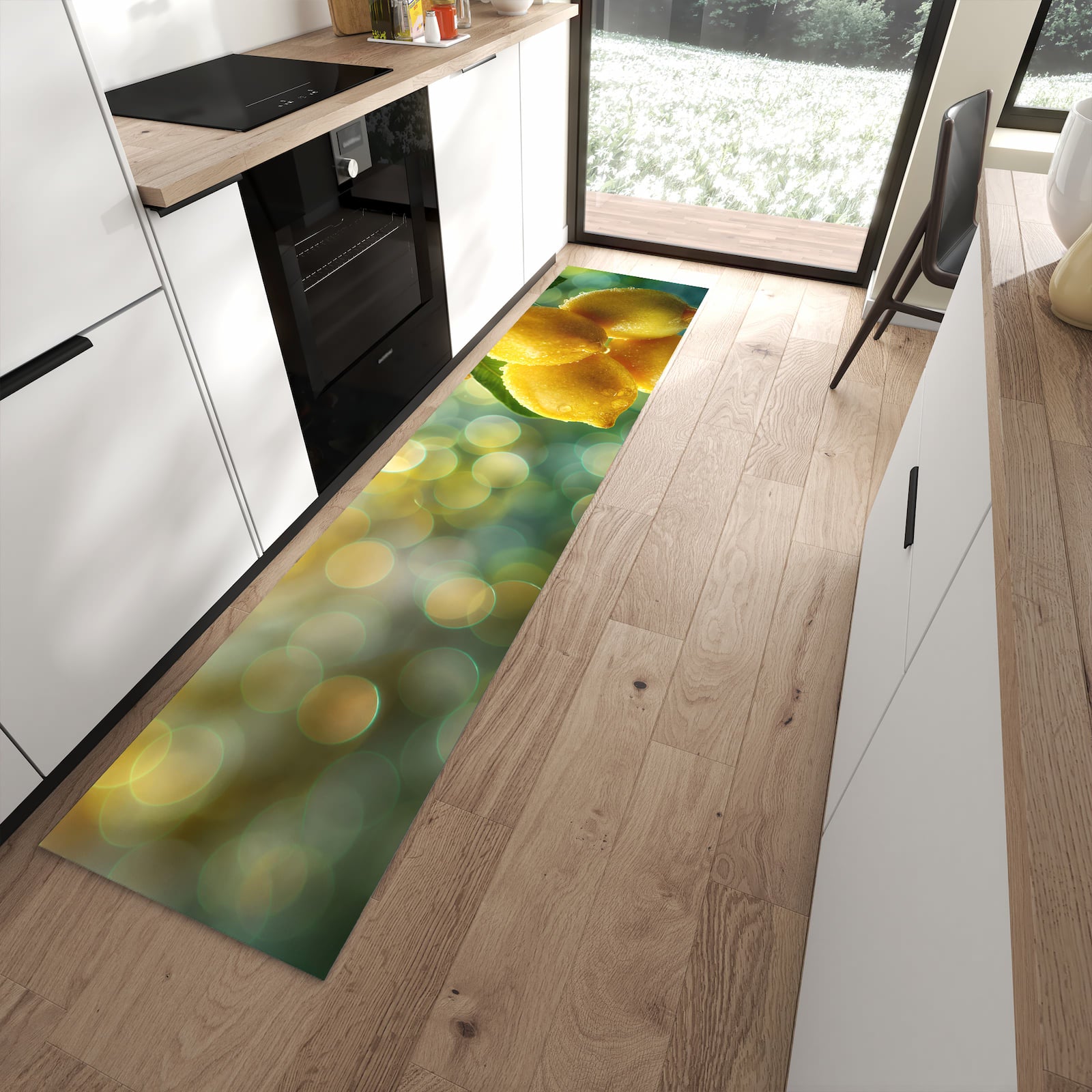 Wasserabweisender Teppich für die Küche mit Motiv Zitronenbaum in moderner Küche