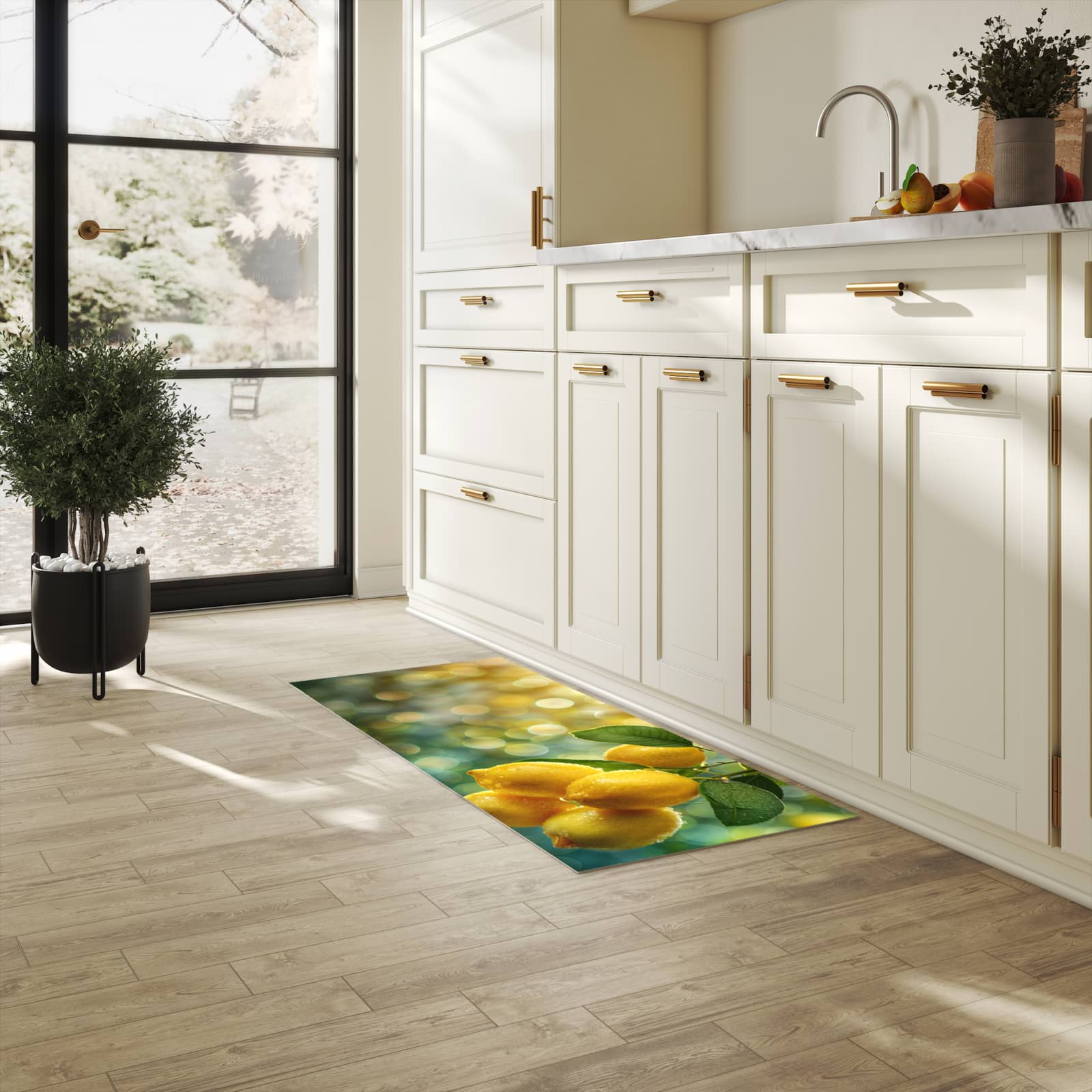 Waschbarer Teppich fürs Esszimmer mit Motiv Zitronenbaum in heller Küche