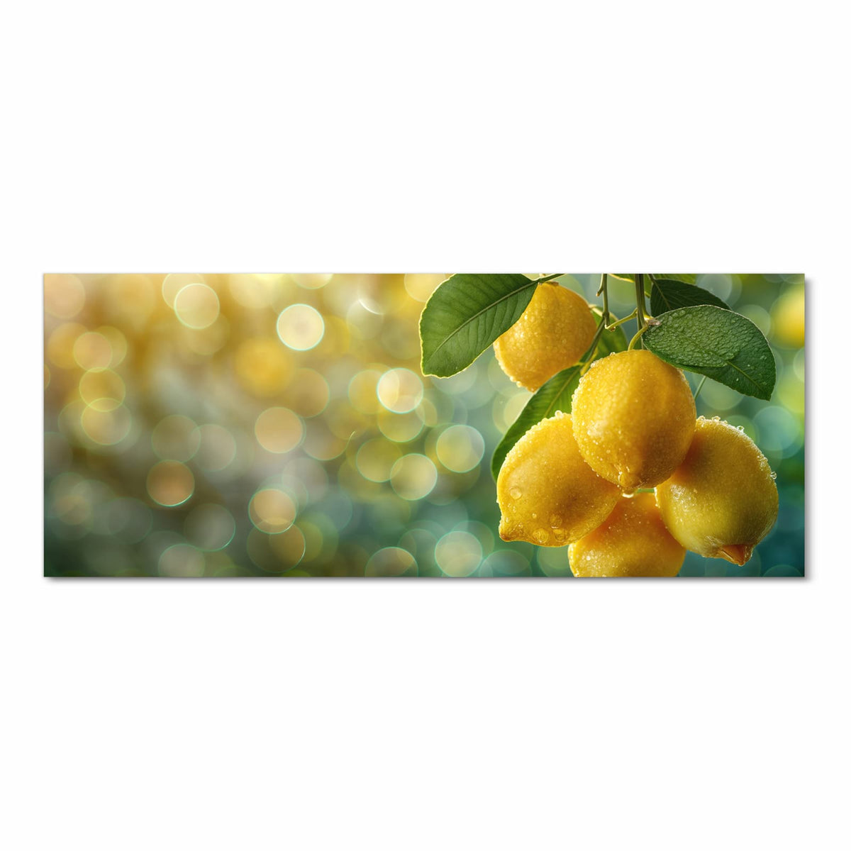Fünf betaute Zitronen mit Blättern an einem Zweig vor grün-goldenem Bokeh