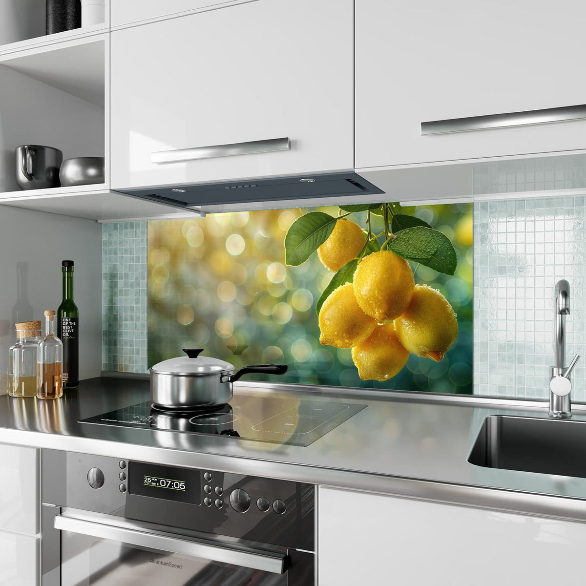 Küchenrückwand aus Glas Fünf Zitronen am Zweig im Hochformat als Spritzschutz hinter dem Kochfeld, über dem Fliesenspiegel montiert