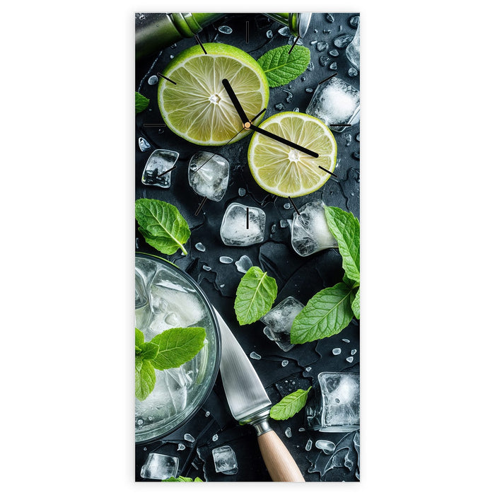 Wanduhr Frische Limetten aus Glas – Hochformat 30 × 60 cm mit Ziffernblatt Linie