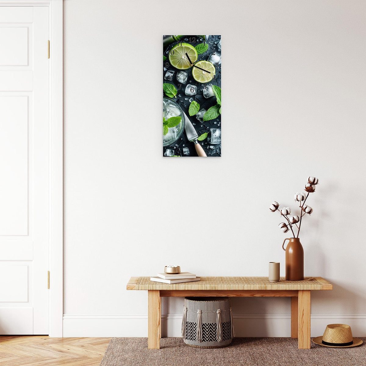 Moderne Wanduhr aus Glas mit Farbtiefe – Wanduhr Frische Limetten aus Glas – Hochformat 30 × 60 cm