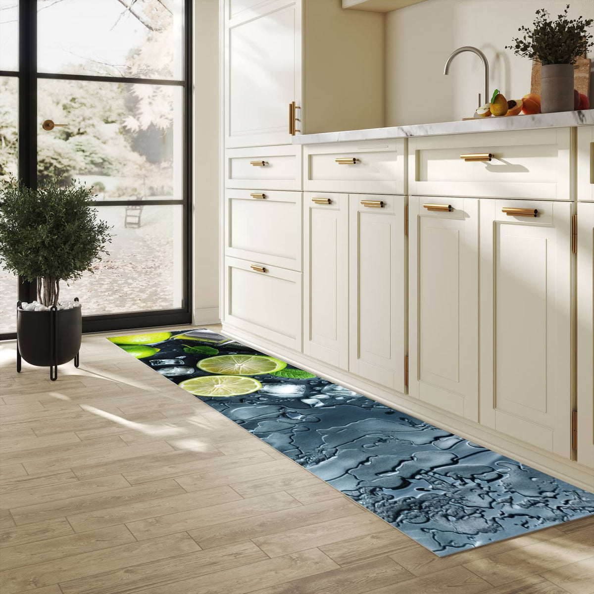 Langlebiger Teppichläufer mit Motiv Frische Limetten in heller Küche