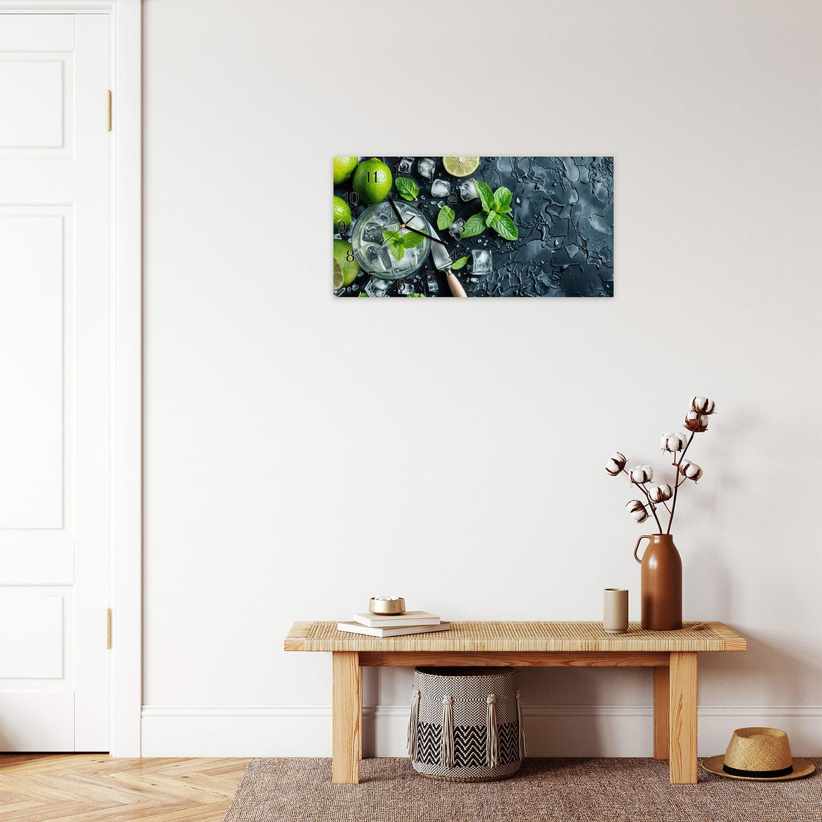 Moderne Wanduhr aus Glas mit Farbtiefe – Wanduhr Frische Limetten aus Glas – Querformat 60 × 30 cm
