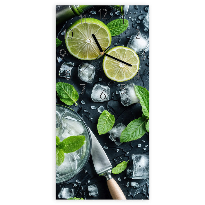 Wanduhr Frische Limetten aus Glas – Hochformat 30 × 60 cm mit Ziffernblatt Elegant