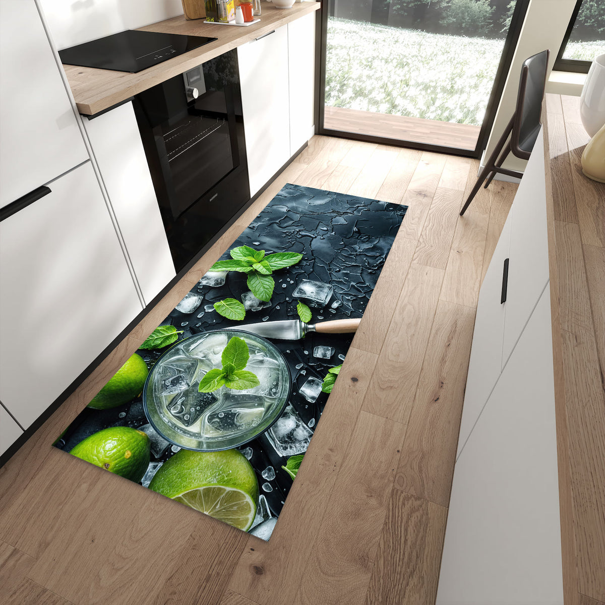Ordnungsschaffender Küchenläufer mit Motiv Frische Limetten in moderner Küche