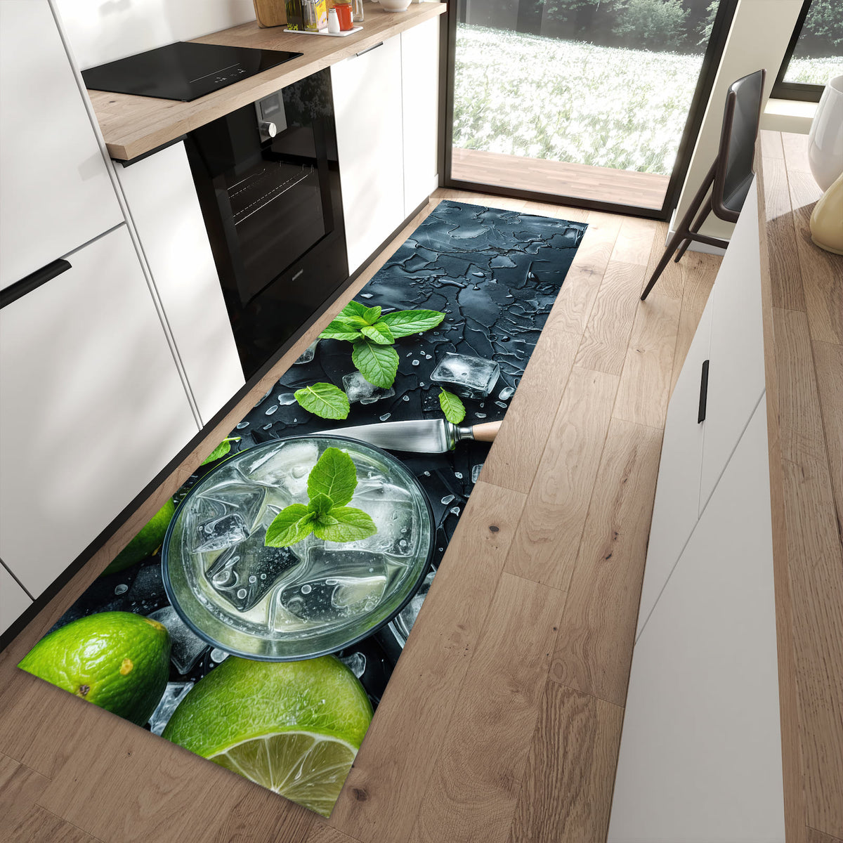 Farbbeständiger Küchenläufer mit Motiv Frische Limetten in moderner Küche zum Waschen