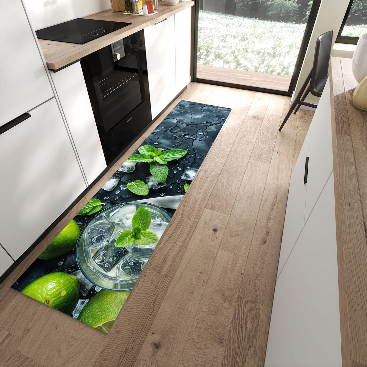Langlebiger rutschfester Küchenläufer mit Motiv Frische Limetten in moderner Küche
