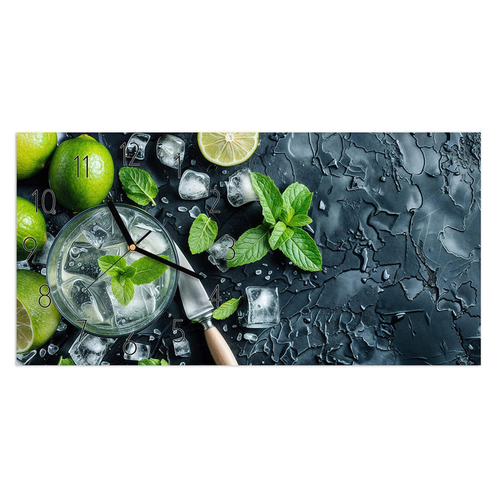 Wanduhr Frische Limetten aus Glas – Querformat 60 × 30 cm mit Ziffernblatt Elegant