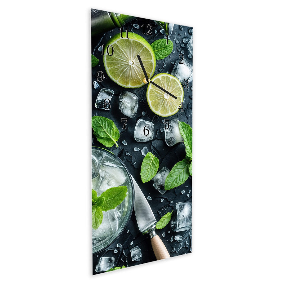 Vormontiert – mit Schwebeeffekt – Wanduhr Frische Limetten aus Glas – Hochformat 30 × 60 cm