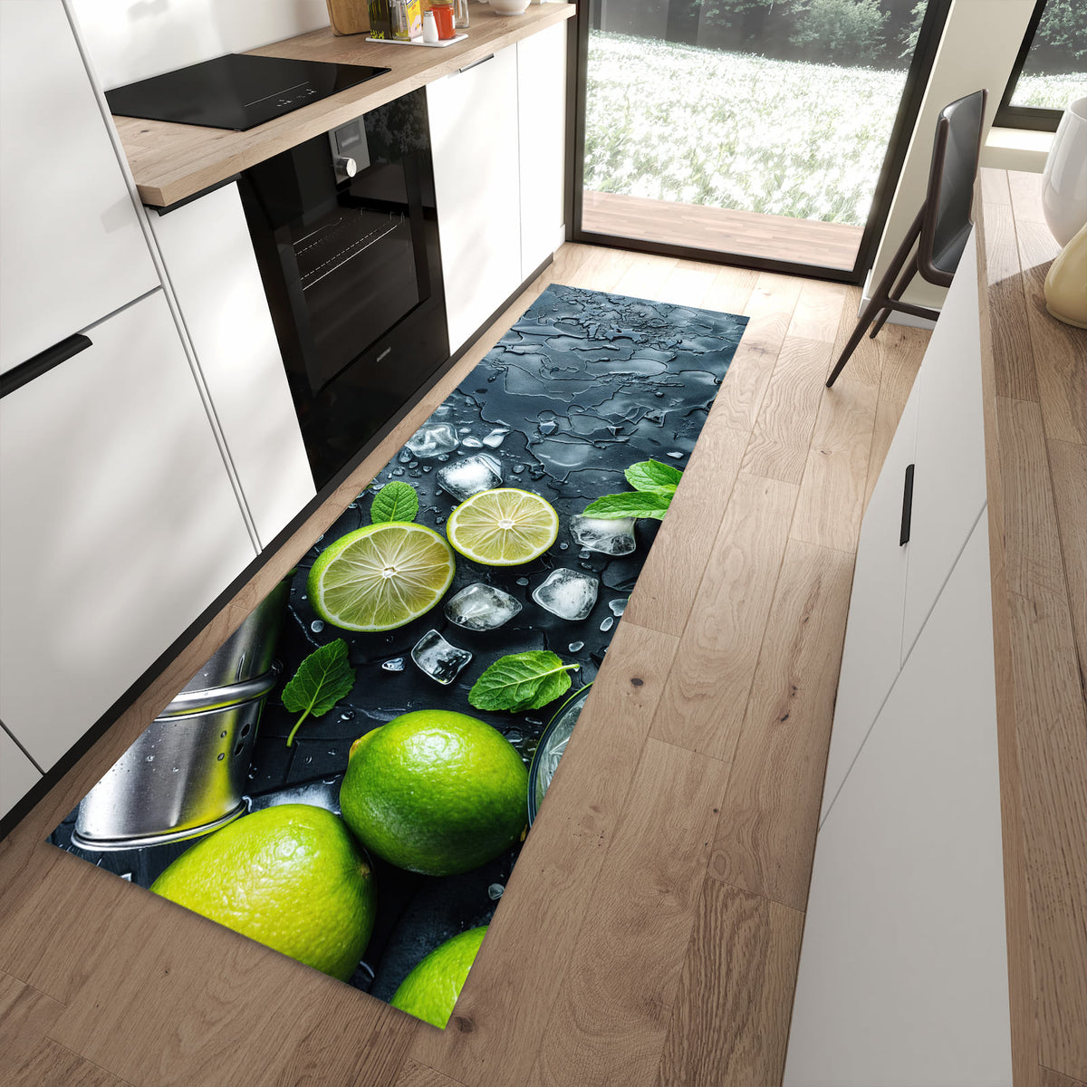 Bodenschonender Küchenläufer nach Maß mit Motiv Frische Limetten in moderner Küche