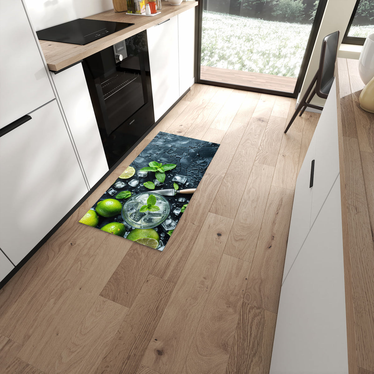 Hygienischer Küchenläufer mit Motiv Frische Limetten in moderner Küche #grösse_60 x 120 cm